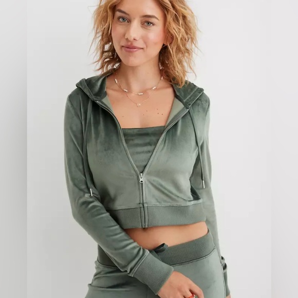 aerie Tops - Aerie Dreamy Velour Cropped Hoodie in Royal Palm